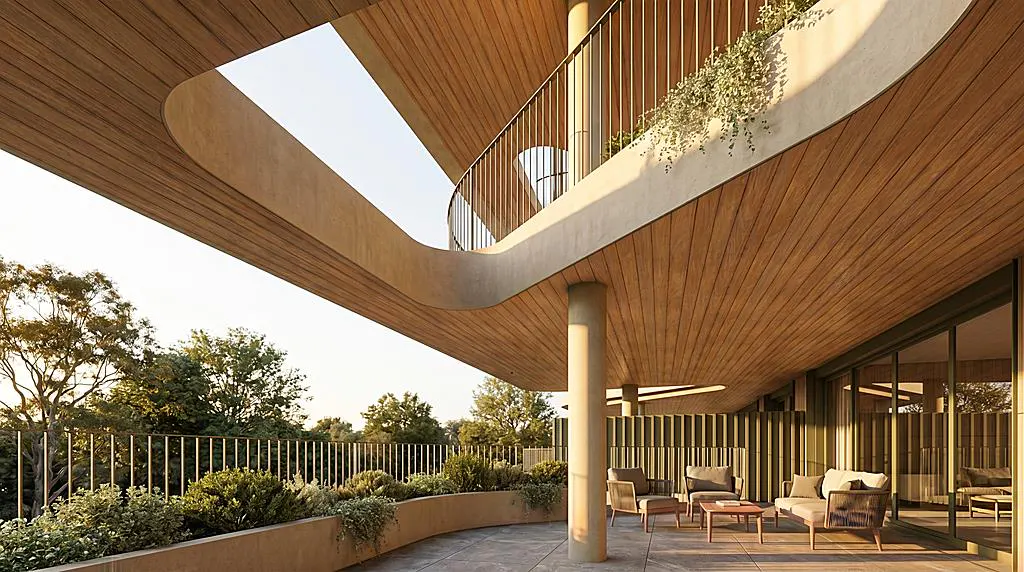Modern building exterior with wood paneling, curved balcony, and outdoor seating area. Trees and sky are visible in the background.