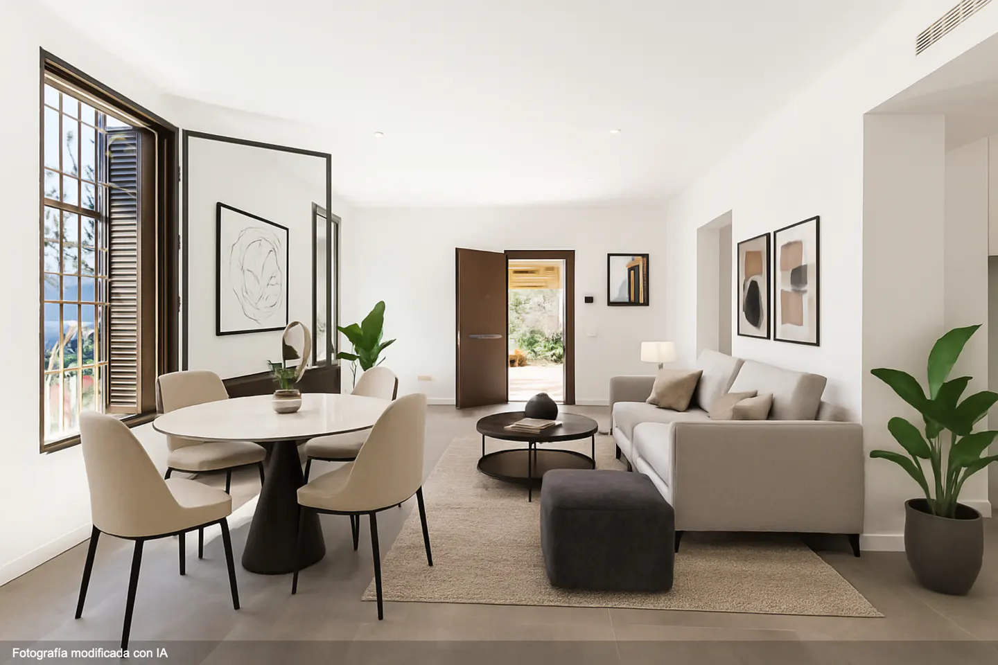 Bright, modern living space with a dining table, chairs, sofa, and open door to a garden. Neutral color palette.