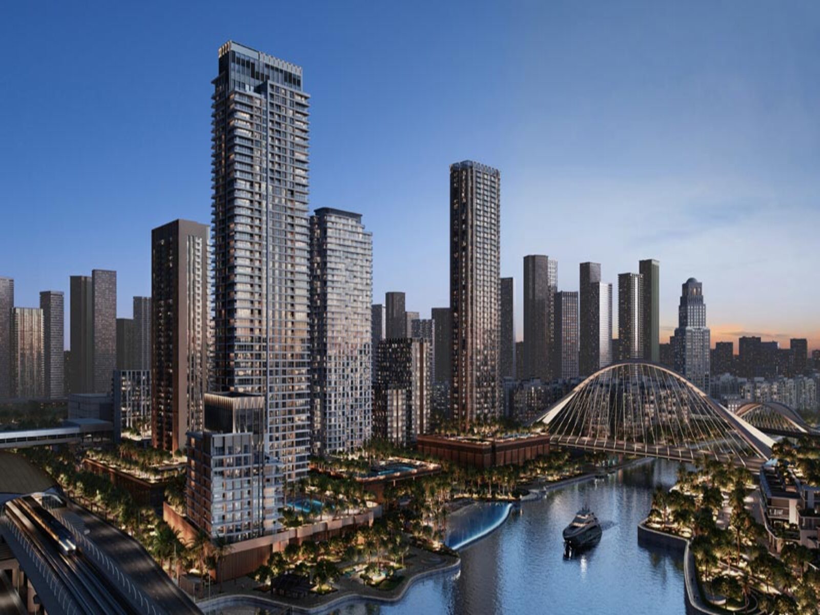 Modern skyscrapers rise above a river with a sleek arched bridge, a boat, and a train track at dusk. [AI-generated text]