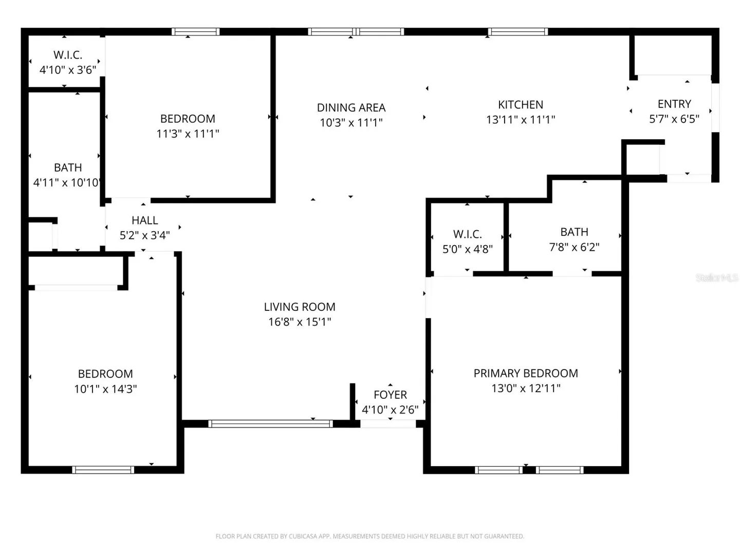 Black and white floor plan showing two bedrooms, two bathrooms, kitchen, dining area, living room, and entry.