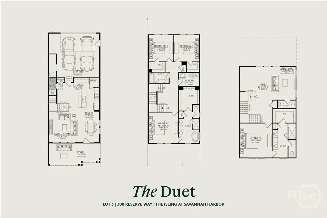 Floor plan of "The Duet" house model, featuring a garage, kitchen, bedrooms, laundry, and flex room.