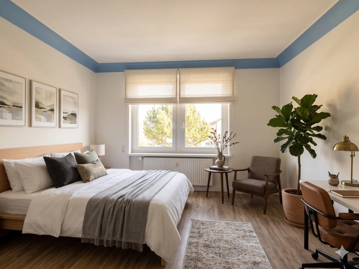 Bedroom with a bed, desk, chair, and a window with natural light. The walls are white with a blue stripe near the ceiling. There is a plant and artwork.