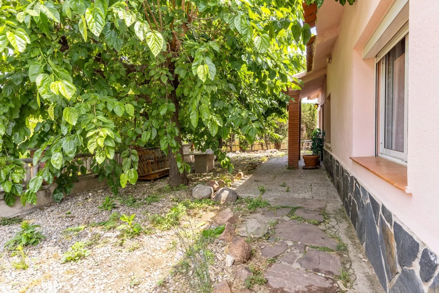 Exterior view of a pink house with a stone walkway and a large green tree providing shade.
