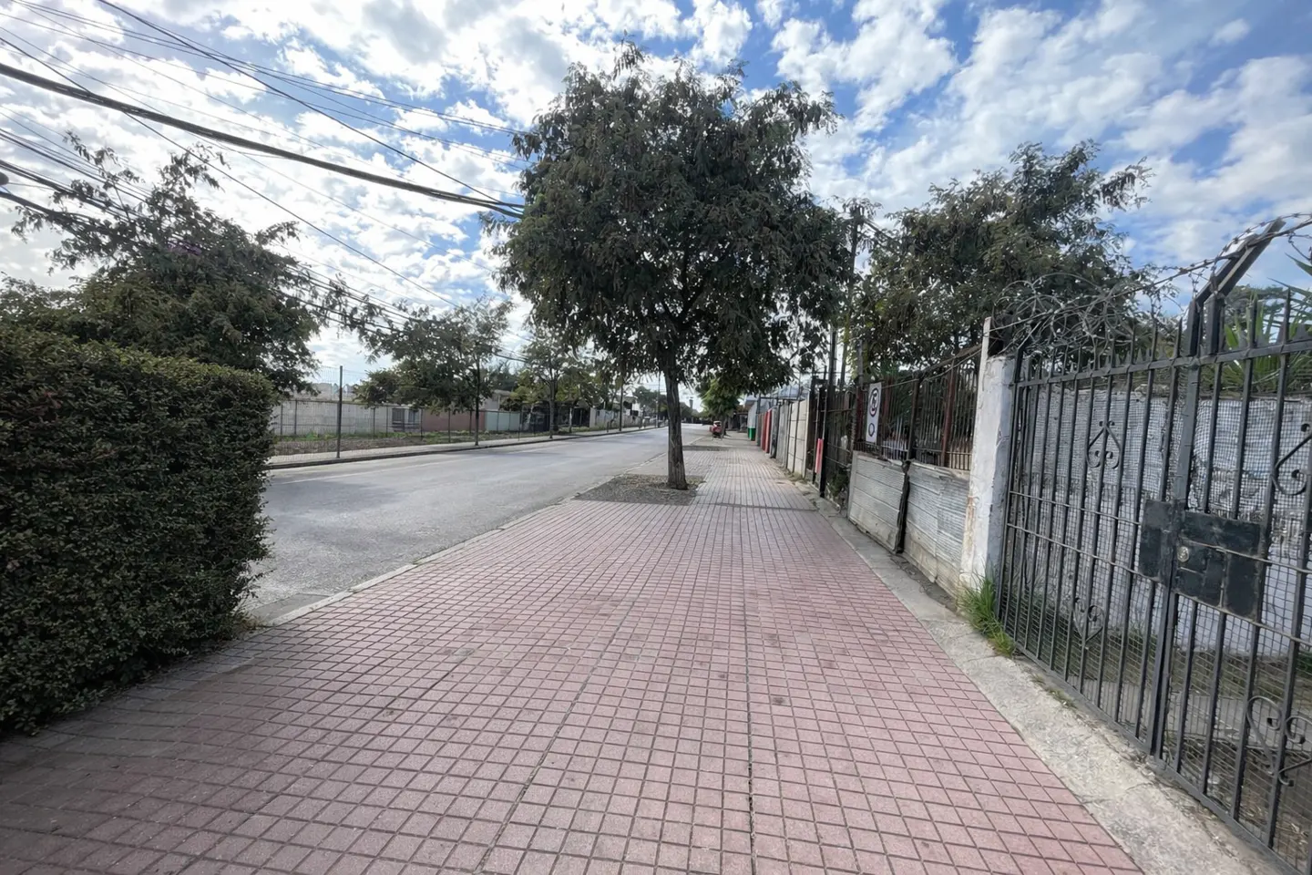 A street view with a red brick sidewalk, trees, and a cloudy sky. A black metal fence runs along the right side.