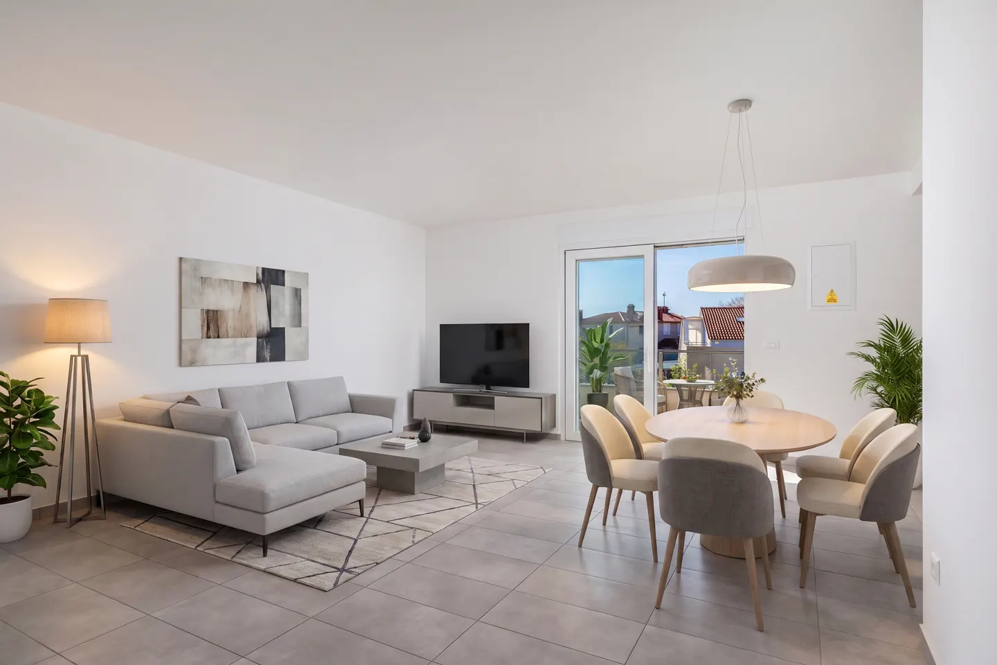 AI-generated visualisation of the light-filled living/dining area in a modern style (furniture not included)