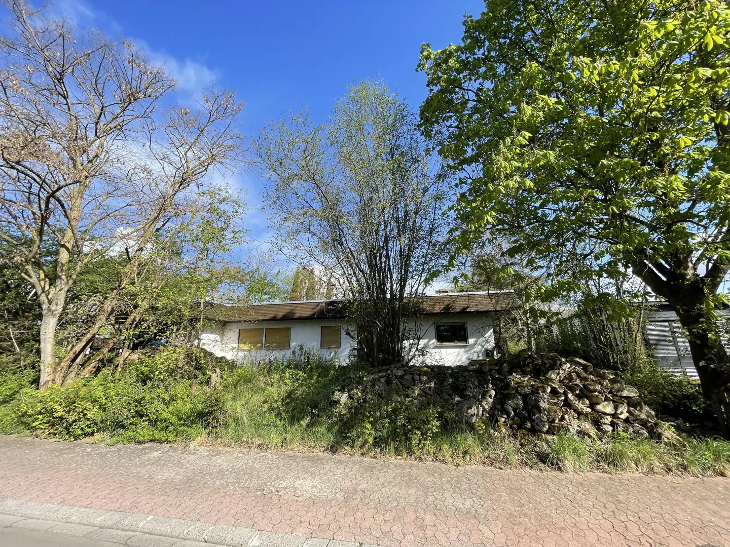 A small, white, one-story house is partially obscured by trees and a rock wall on a sunny day. Windows are boarded up.
