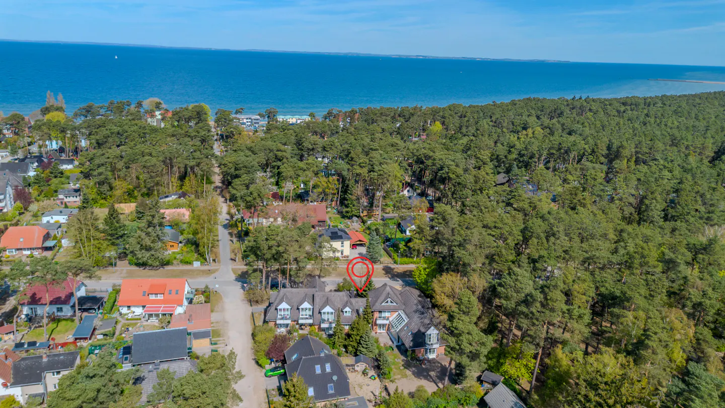 Aerial view of houses nestled in green trees near a blue ocean under a clear sky.