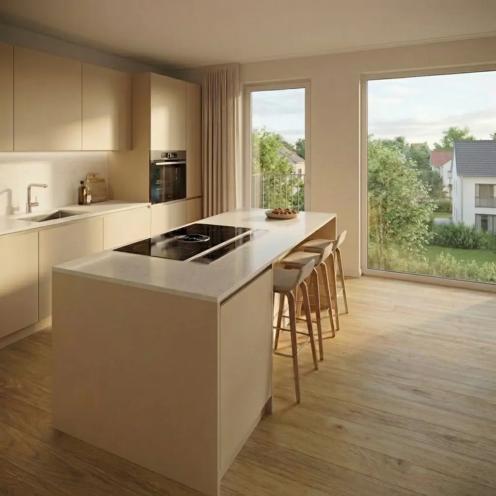 Bright kitchen with light wood floors, cabinets, and island. Island has cooktop and seating. Large windows show green lawn and houses.