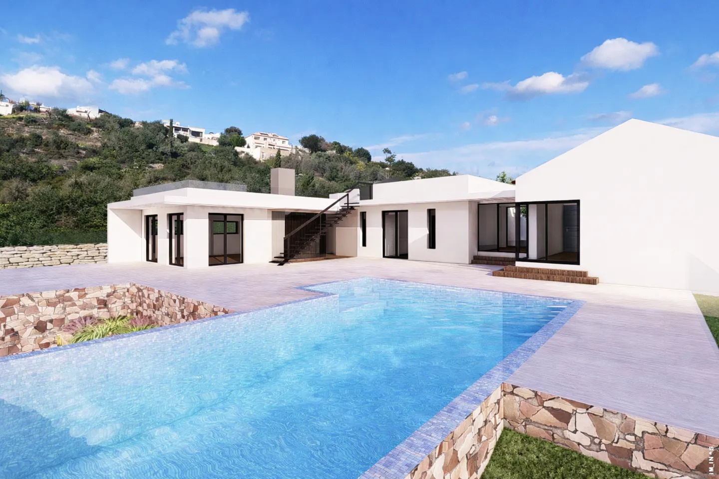 Modern white house with a blue pool in the foreground, set against a backdrop of a green hillside and a clear blue sky.