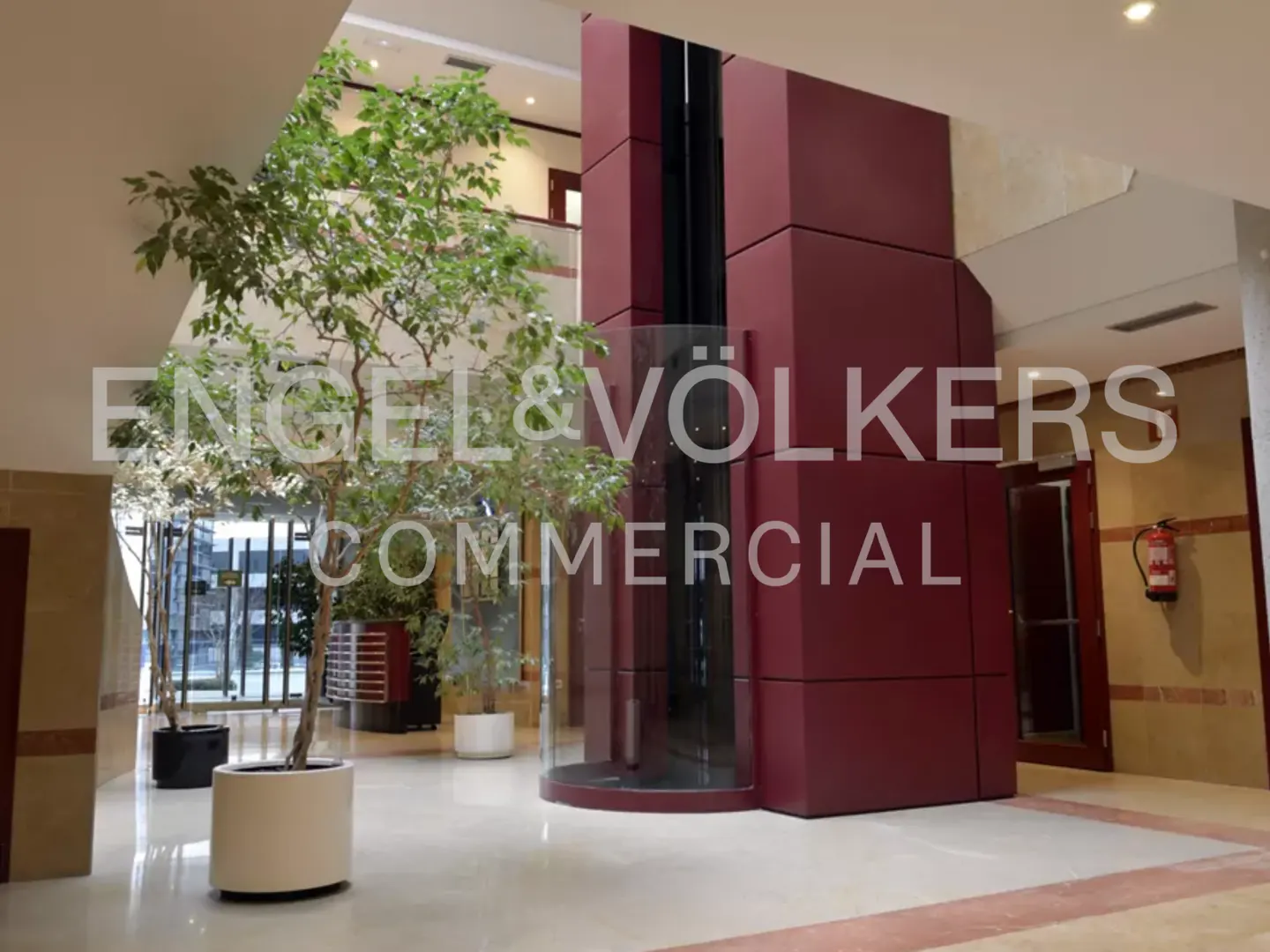 Lobby with potted trees, a glass elevator in a maroon shaft, and a beige tiled floor. A fire extinguisher is mounted on the wall.