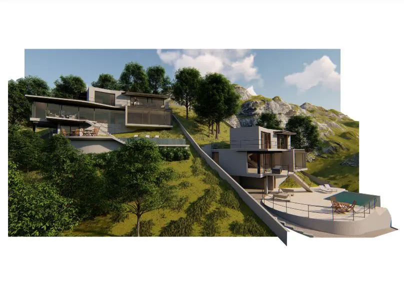 Modern hillside homes with gray exteriors and glass walls, surrounded by green trees and grass, under a blue sky.