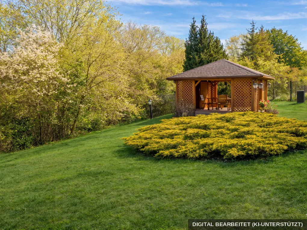 A wooden gazebo sits on a green lawn, surrounded by trees and yellow bushes.