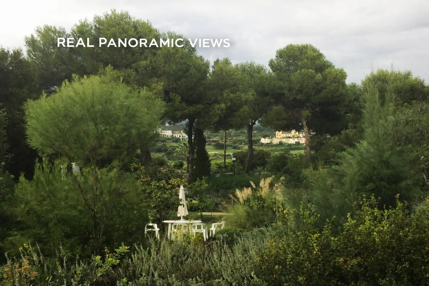 Scenic view of lush green trees and plants, with a white table and chairs set on the lawn. Buildings are visible in the distance.