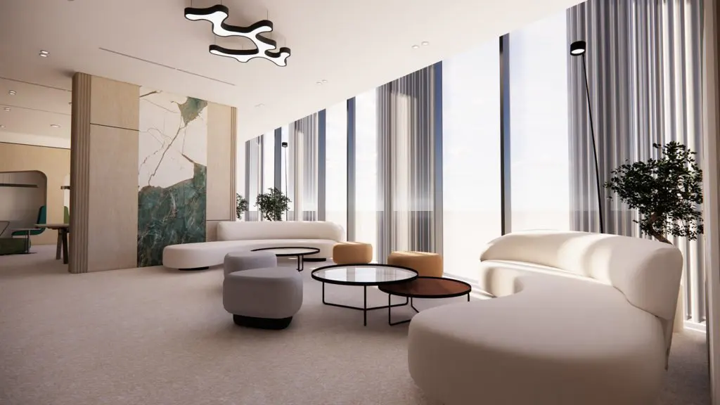 A modern lounge area with curved white sofas, round tables, and floor-to-ceiling windows. A unique black light fixture hangs from the ceiling.