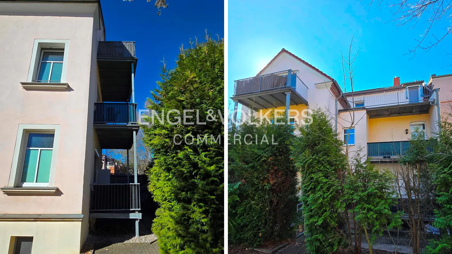 Two-panel image of a light pink building with balconies and green trees against a blue sky. "Engel & Völkers Commercial" logo is visible.