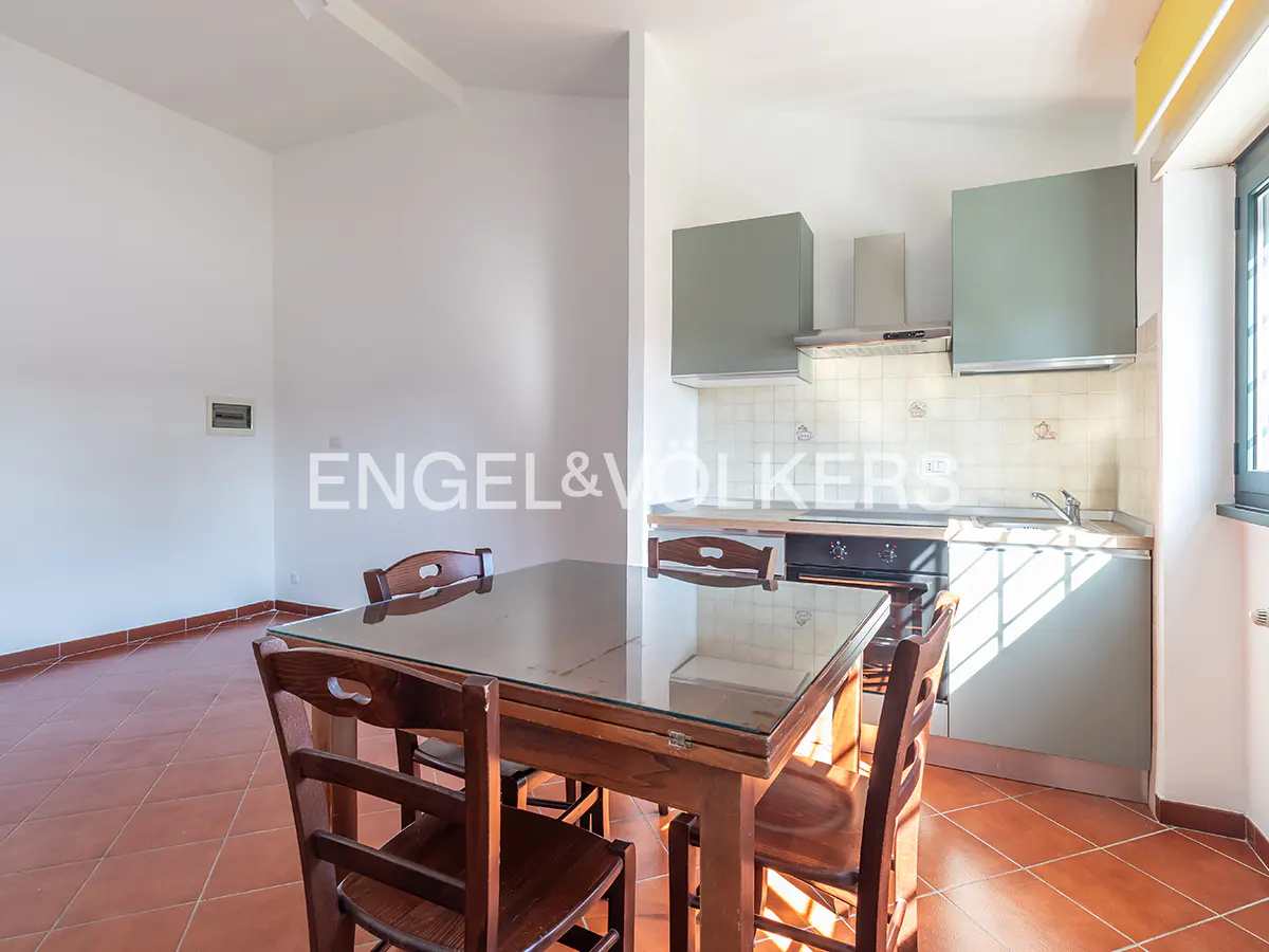 A kitchen and dining area with a wooden table, chairs, and sage green cabinets on terracotta tiled floor.