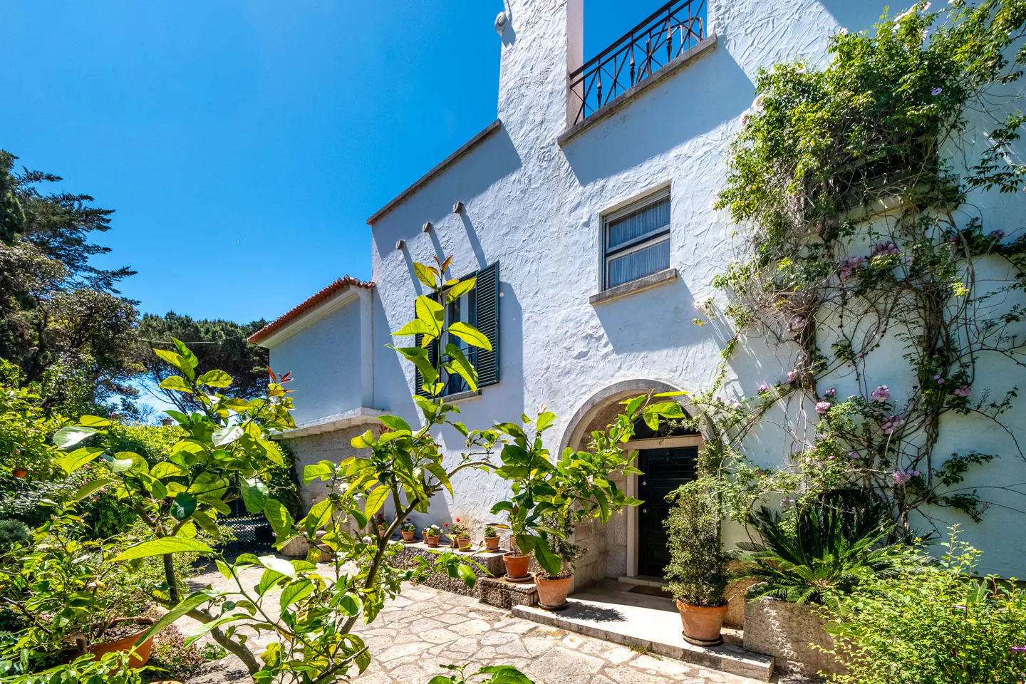Exterior of a white stucco house with a stone path, lush greenery, and a blue sky.