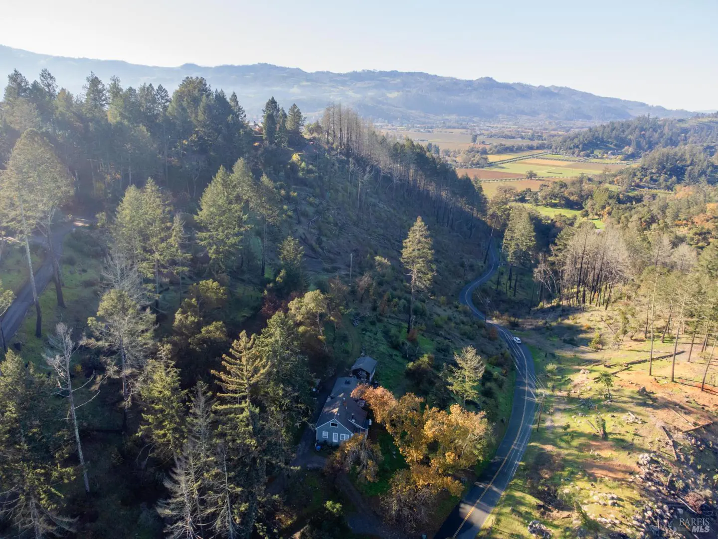 Aerial view of a gray house nestled in a green, tree-covered hillside with a winding road and distant mountains.