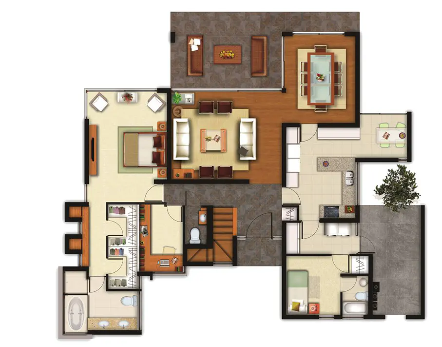 Floor plan of a two-story house with bedrooms, bathrooms, living room, dining room, kitchen, and outdoor patio.