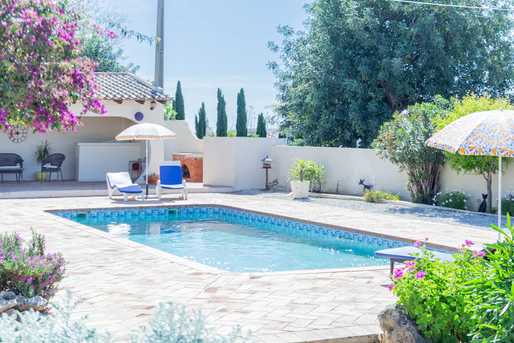 Outdoor pool area with blue water, brick patio, lounge chairs, umbrellas, and lush greenery against a white wall backdrop.