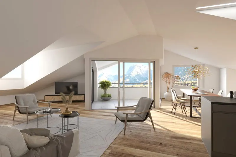 Bright, modern living room with wood floors, white walls, and a balcony with mountain views. Furniture includes chairs, tables, and a dining set.