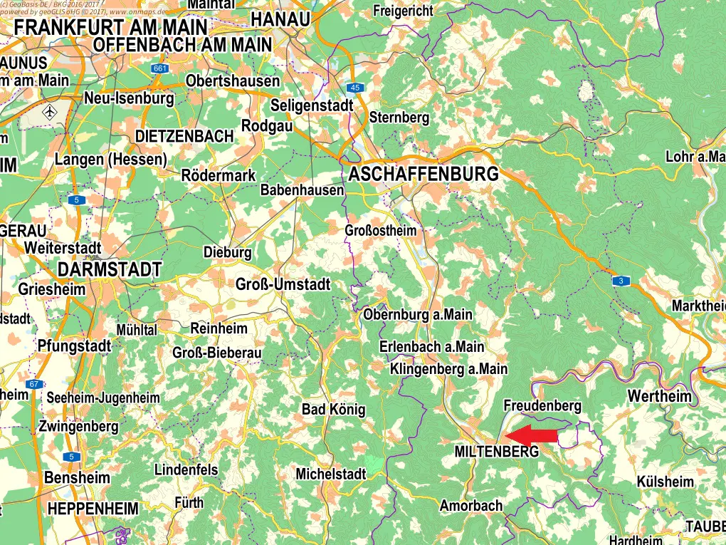 Map of the Frankfurt and Aschaffenburg area, Germany, with Miltenberg highlighted by a red arrow.