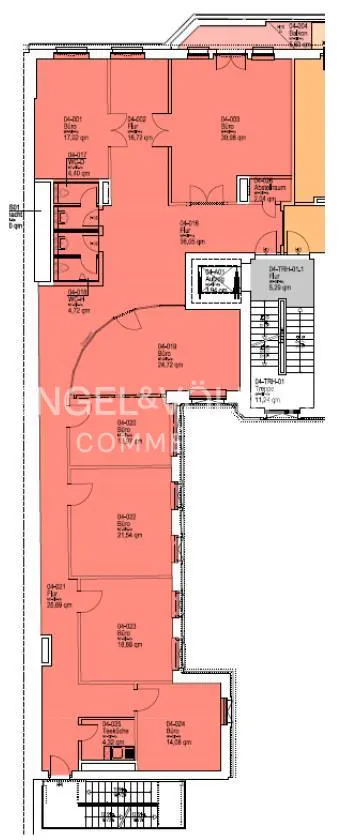 Top-down architectural floor plan showing multiple rooms highlighted in coral, with a staircase and utility areas in grey.