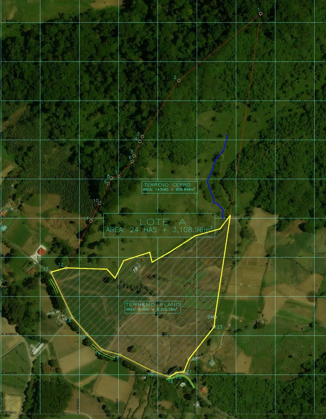 Aerial view of Lot A, outlined in yellow, showing terrain, area, and boundaries with red lines and a blue stream.