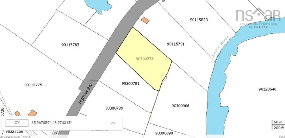 Map view of a yellow lot, labeled 90300773, next to Highway 340 and the Annis River.