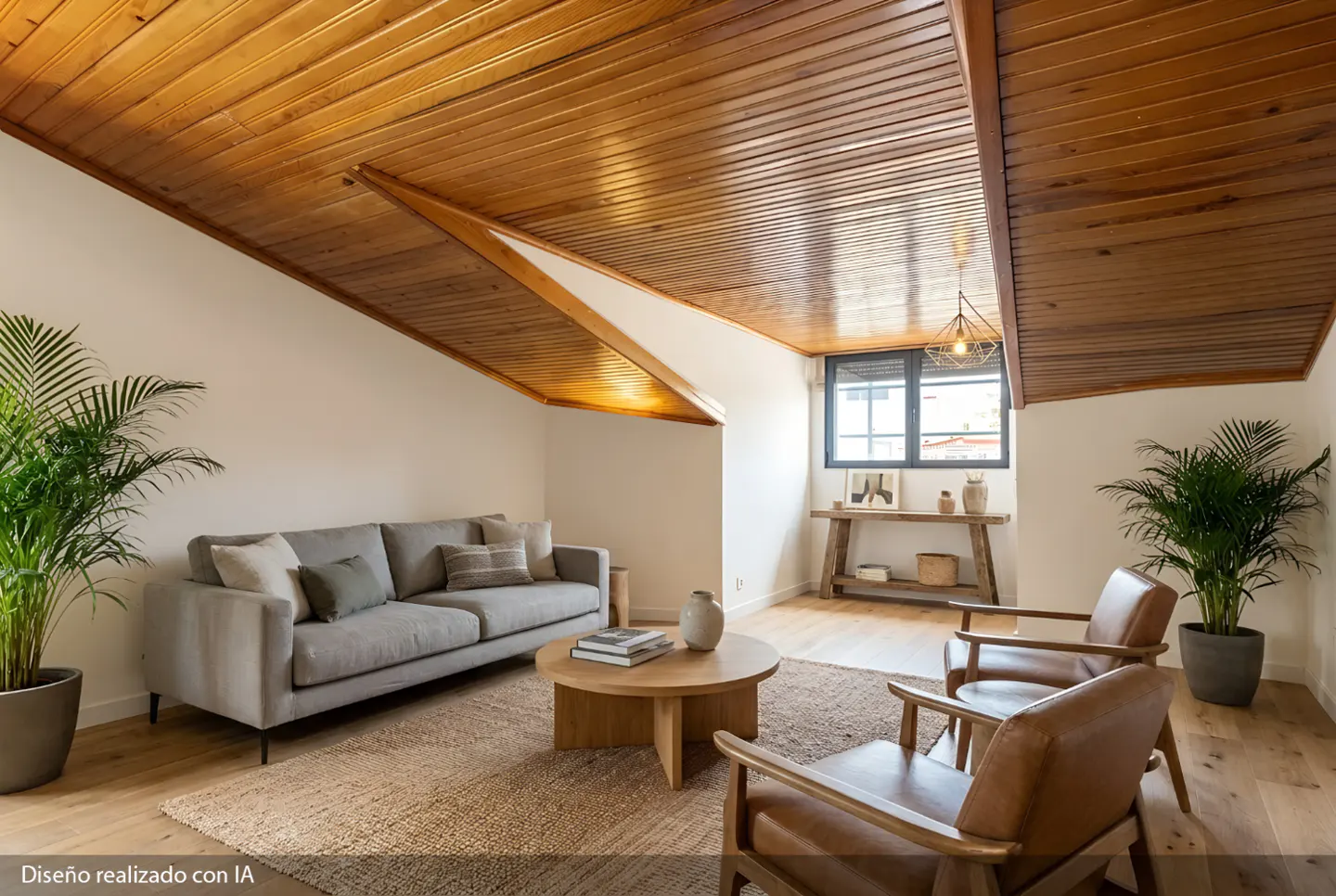 Living room with wood ceiling, gray sofa, round table, two leather chairs, and plants. Window with black frame.