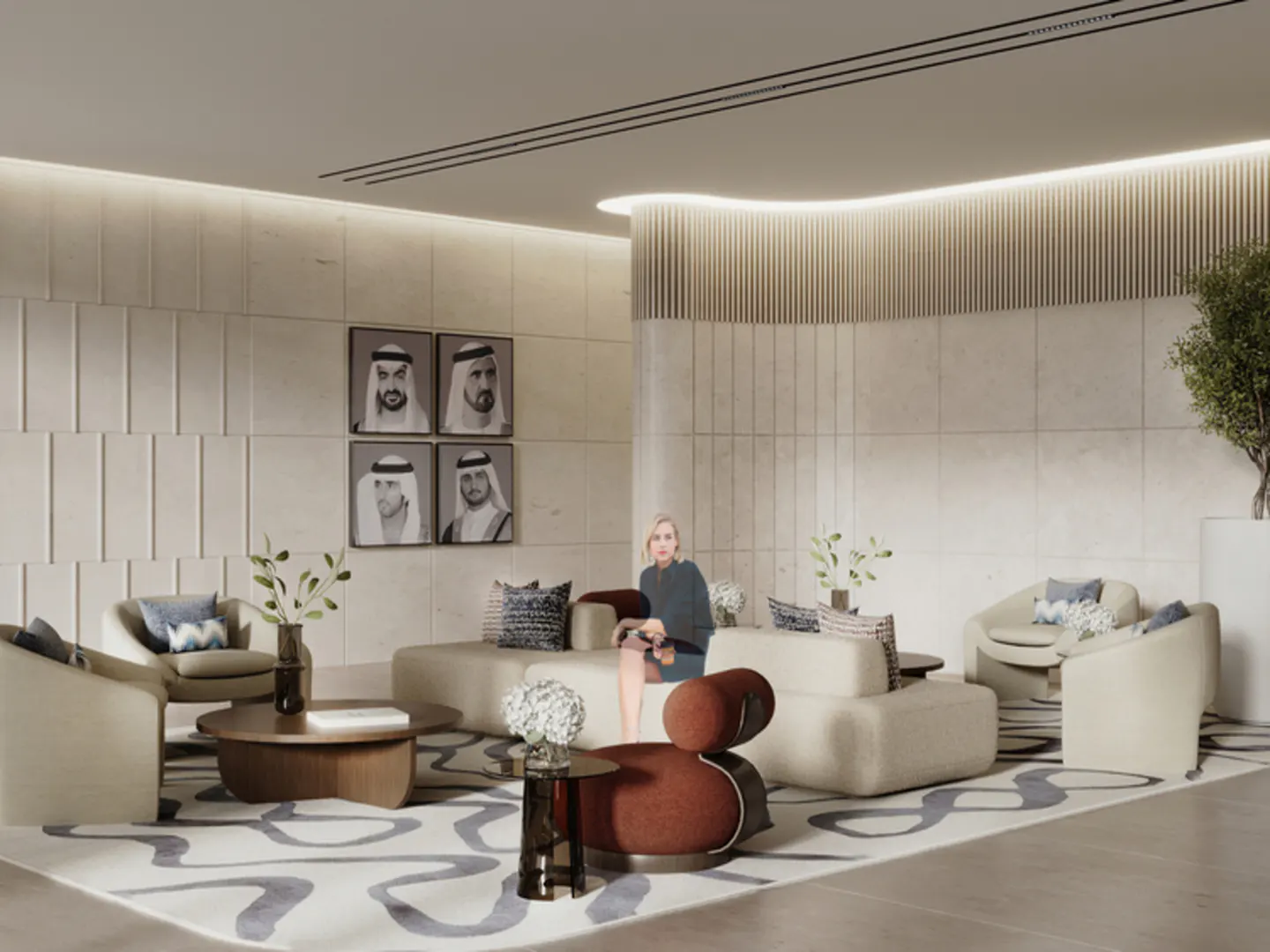 A modern lobby with neutral tones, featuring a woman on a cream sofa, portraits on the wall, and stylish furniture.