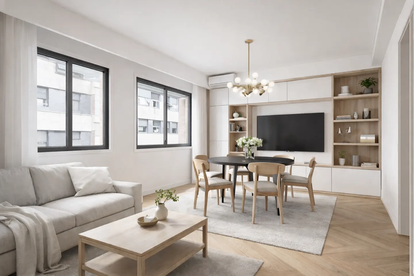 Bright living room with a gray sofa, wood coffee table, and a round dining table with four chairs. Built-in shelves and a TV are on the back wall.