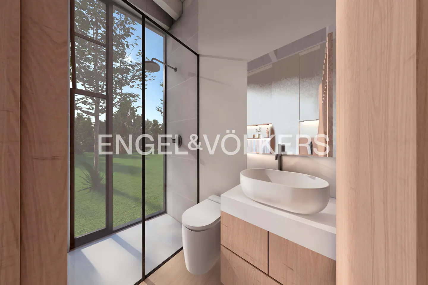 Bathroom with a toilet, sink, and shower with a view of a green lawn through a window.