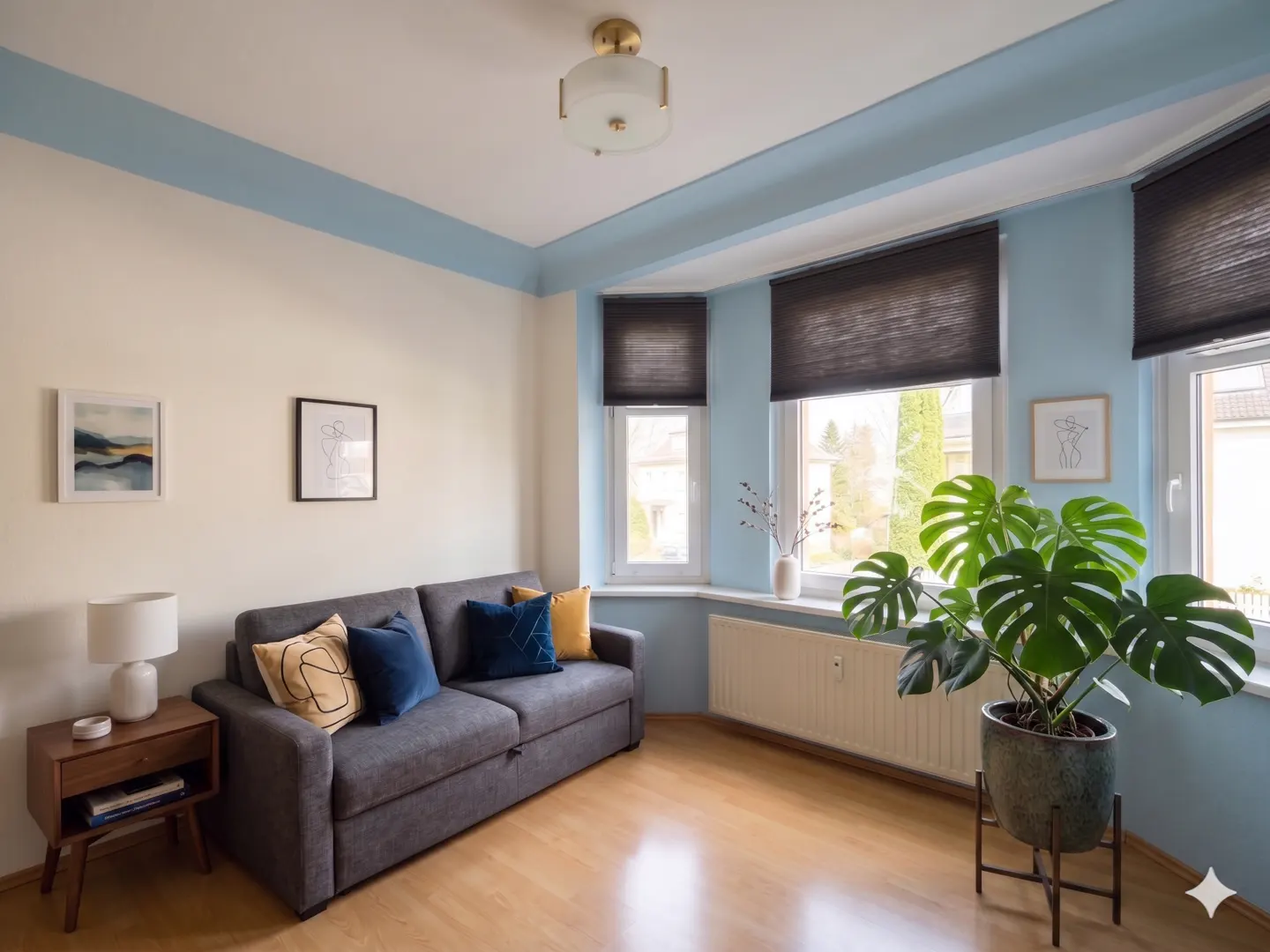 Living room with a gray sofa, blue and yellow pillows, wood floors, and a large Monstera plant by the window.
