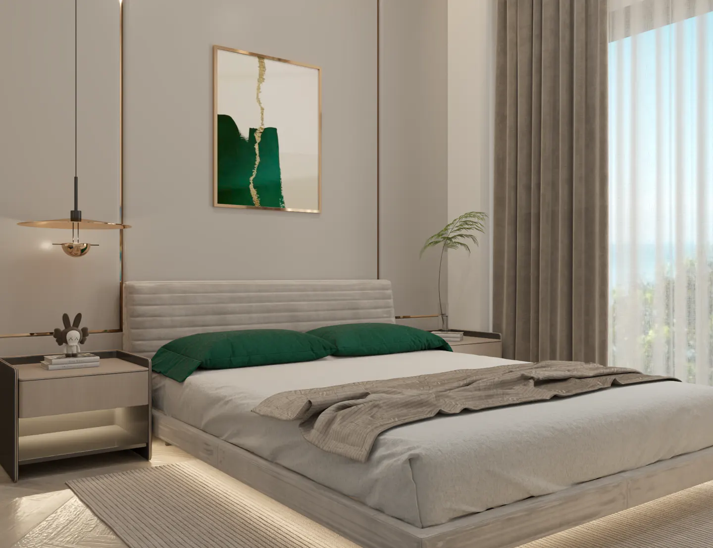Bedroom with a gray bed, green pillows, and a beige throw blanket. A modern painting hangs above the bed. A nightstand and lamp are on the left.