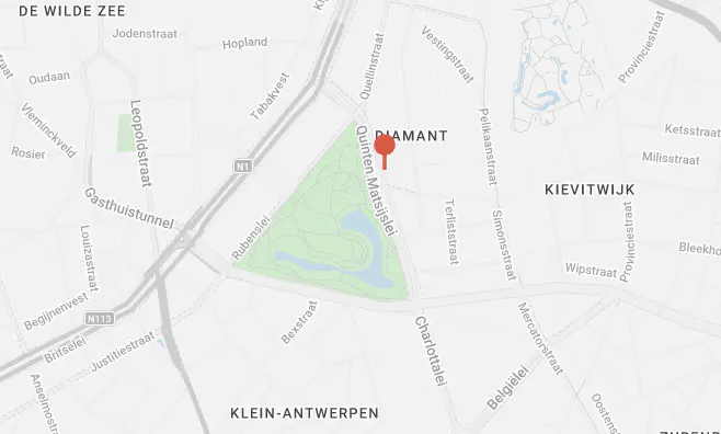 Map view of Diamant, Antwerp, Belgium. Streets are labeled, and a red pin marks the location. A park is visible to the southwest.