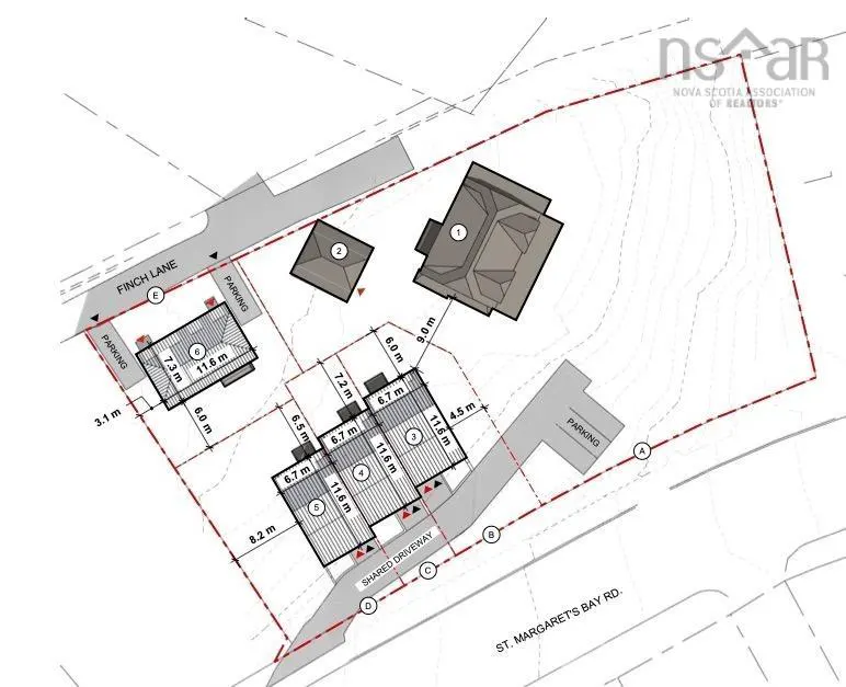 Site plan shows five buildings, parking areas, and a shared driveway within a red-dashed property line. Dimensions are noted in meters.