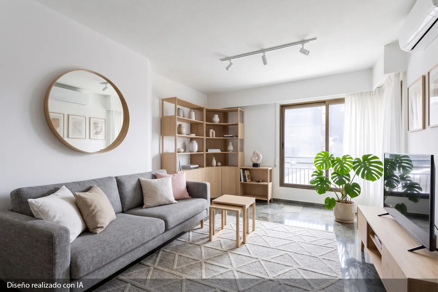 Bright living room with gray sofa, round mirror, and light wood shelving. A large window and monstera plant add natural elements.