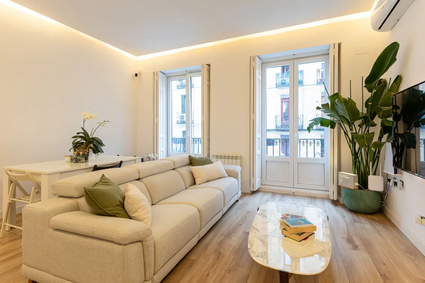 Bright living room with a beige sofa, marble coffee table, and a large potted plant near white French doors.