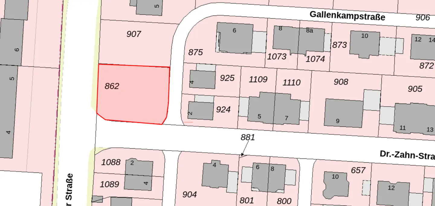 Map view of property 862, outlined in red, near Gallenkampstraße and Dr.-Zahn-Straße. Other properties and street names are labeled.