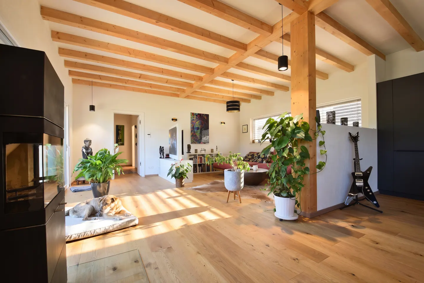 Modern living room with light wood floors, exposed ceiling beams, a dog on a bed, potted plants, and an electric guitar.