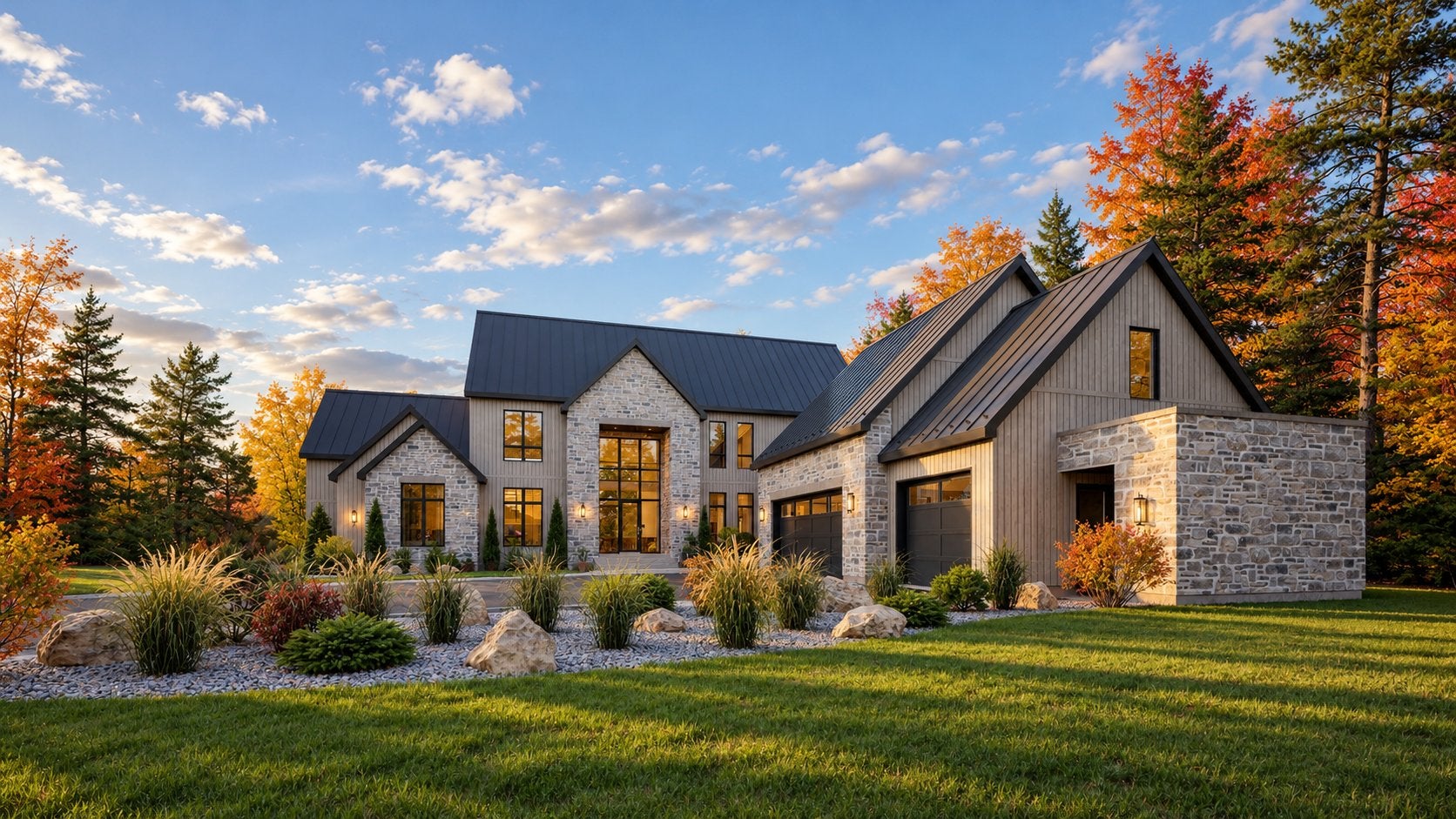 Modern stone and wood home with a dark metal roof, surrounded by autumn trees and a landscaped yard at sunset. [AI-generated text]