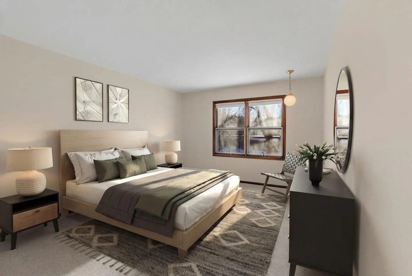 Bedroom with a light wood bed, gray rug, and a window with a view of trees. There is a dresser with a mirror and flowers.
