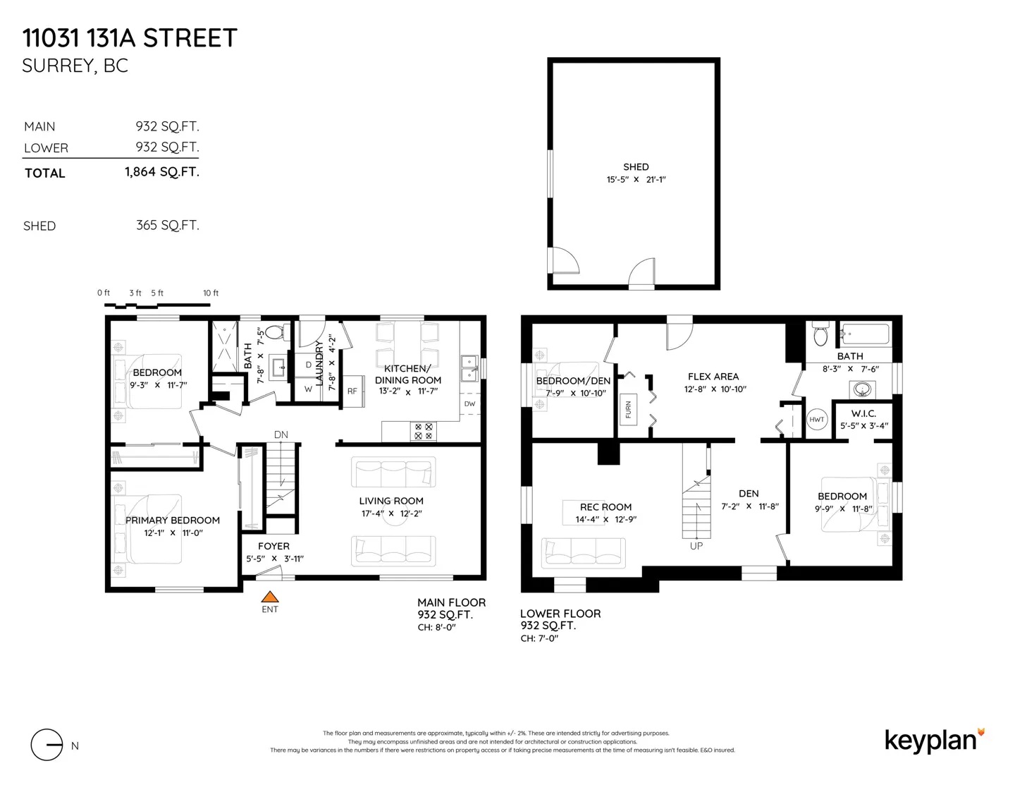 Floor plan for 11031 131A Street, Surrey, BC, showing main floor, lower floor, and shed layouts with total 1,864 sq. ft.