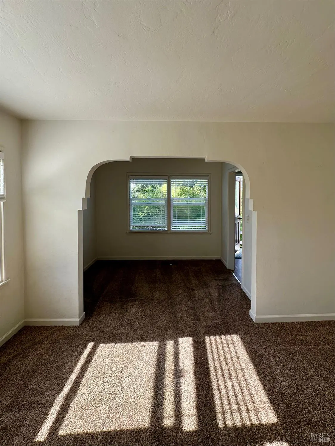 Empty living room with brown carpet, white walls, and an arched doorway. Sunlight streams in through the windows with blinds.