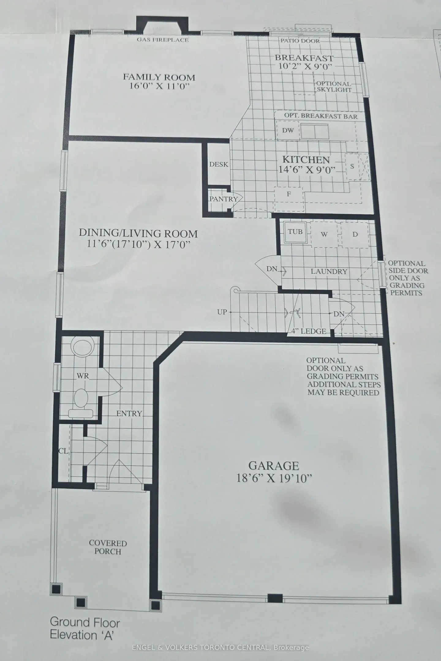 Blueprint of a house's ground floor, including a family room, kitchen, garage, and covered porch.