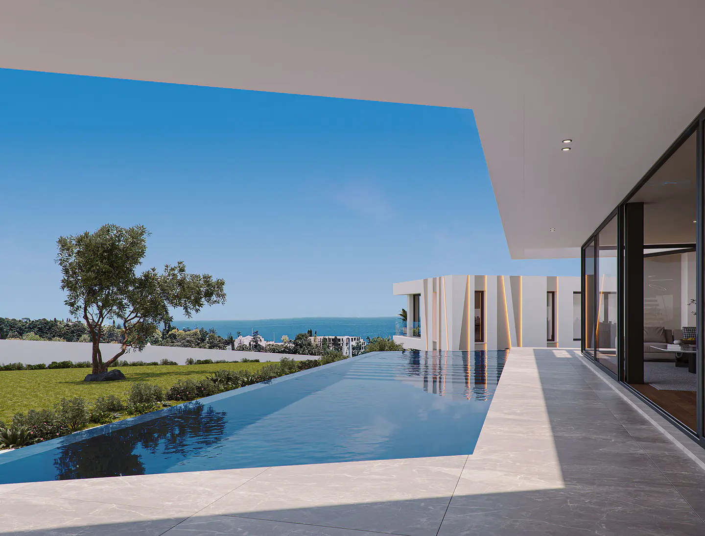 Modern home exterior with an infinity pool overlooking the ocean. The house has large glass windows and a white facade.