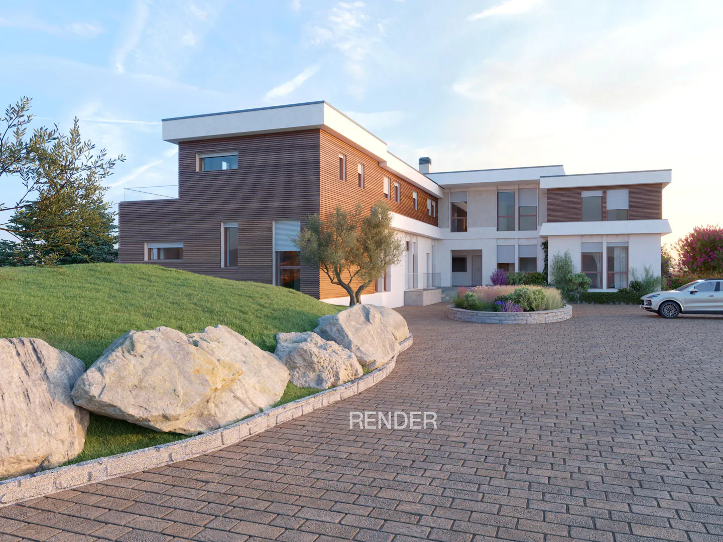 Modern two-story house with wood and white siding, a stone driveway, and manicured landscaping.