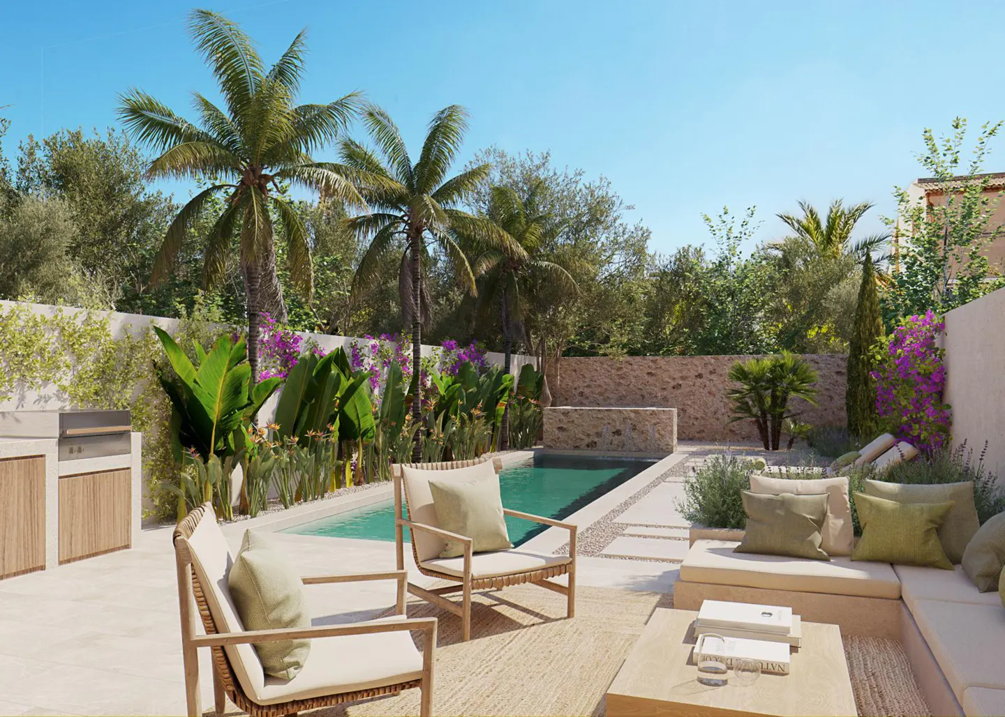A sunny outdoor patio with a swimming pool, lounge chairs, a coffee table, and lush tropical landscaping.
