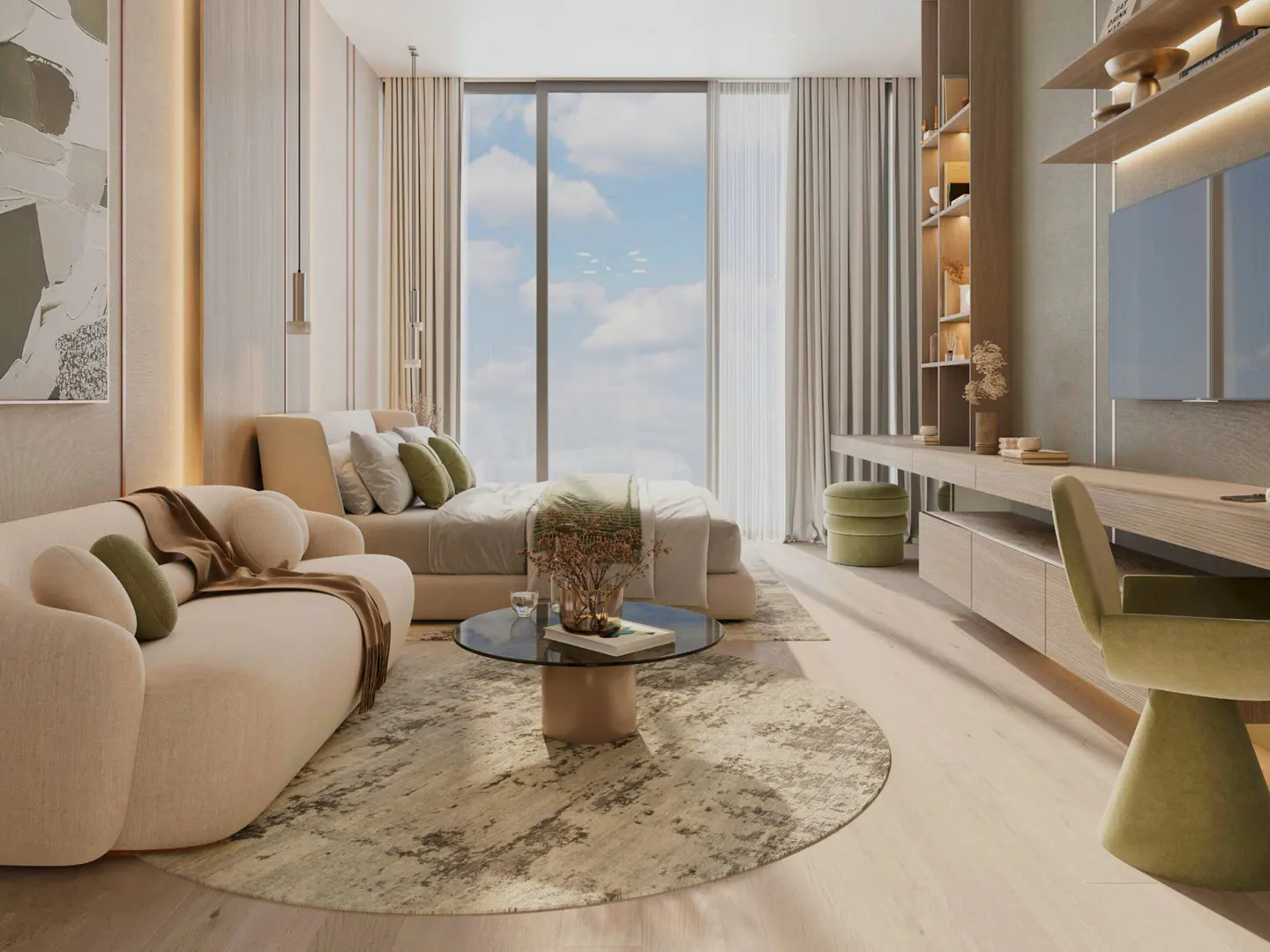 A modern bedroom with a beige sofa, bed, and a round rug. A glass coffee table sits in the center, with a large window showing a blue sky.